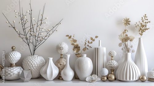 Elegant decor accents arranged tastefully against a clean white surface, adding a touch of class to any setting. photo