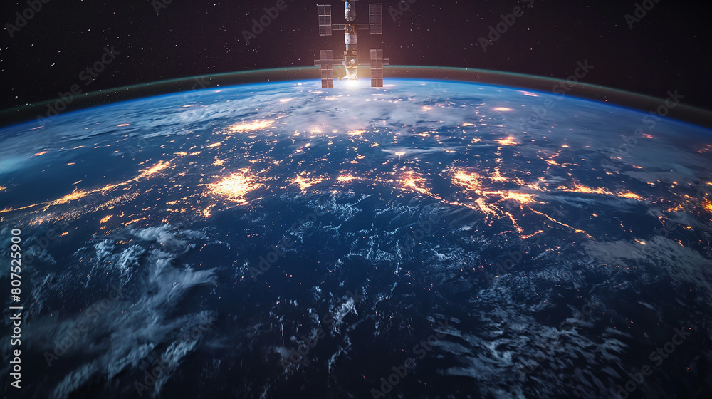 Fototapeta premium Internet network for fast data exchange around planet Earth from space, global telecommunication satellite grid over the world for IoT, mobile web, financial technology,