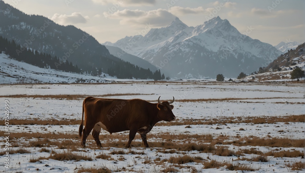A solitary cow grazes against a backdrop of pristine white ai_generated A solitary cow grazes against a backdrop of pristine white ai_generated