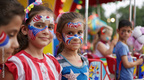 A community Memorial Day carnival, with rides, games, and cotton candy, and children's faces painted with stars and stripes