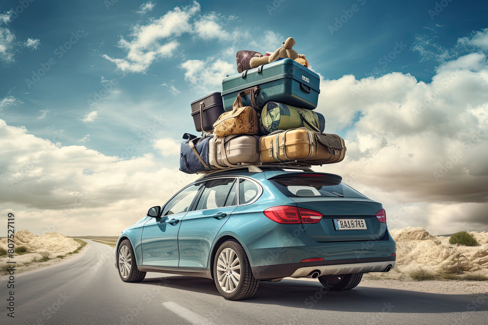 Fototapeta premium Travelling by car. Car with luggage on the roof. Car on the road with a lot of suitcases on roof. Family travel on vacation.