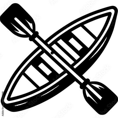 Wooden canoe boat with double oar in monochrome. Equipment for active recreation. Simple minimalistic vector in black ink drawing on transparent background