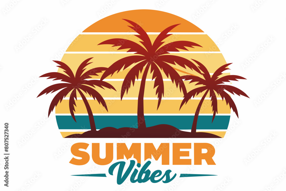 Fototapeta premium Summer day T-Shirt Design, Beach with palms tree and Summer sunset Vector illustration on white background, silhouette, bird, icon, svg, characters, Holiday t shirt, Hand drawn trendy Vector illustrat