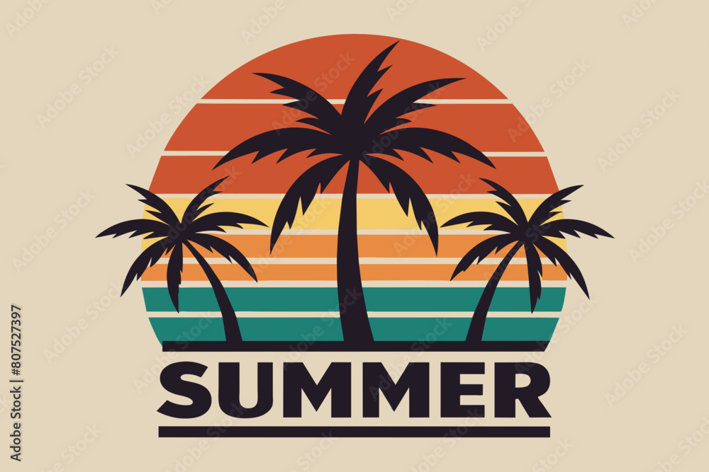 custom made wallpaper toronto digitalSummer day T-Shirt Design, Beach with palms tree and Summer sunset Vector illustration on white background, silhouette, bird, icon, svg, characters, Holiday t shirt, Hand drawn trendy Vector illustrat