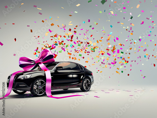 Confetti and big ribbon bow show the luxury black car gift you can win or earn