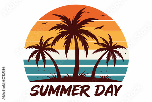 Summer day T-Shirt Design, Beach with palms tree and Summer sunset Vector illustration on white background, silhouette, bird, icon, svg, characters, Holiday t shirt, Hand drawn trendy Vector illustrat