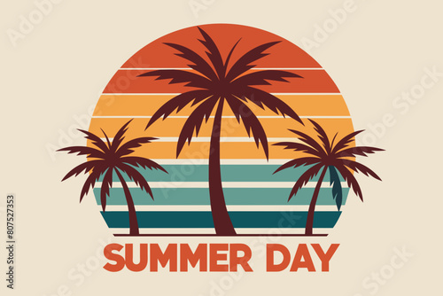 Summer day T-Shirt Design, Beach with palms tree and Summer sunset Vector illustration on white background, silhouette, bird, icon, svg, characters, Holiday t shirt, Hand drawn trendy Vector illustrat