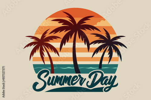 Summer day T-Shirt Design, Beach with palms tree and Summer sunset Vector illustration on white background, silhouette, bird, icon, svg, characters, Holiday t shirt, Hand drawn trendy Vector illustrat