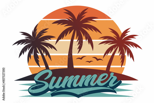Wallpaper Mural Summer day T-Shirt Design, Beach with palms tree and Summer sunset Vector illustration on white background, silhouette, bird, icon, svg, characters, Holiday t shirt, Hand drawn trendy Vector illustrat Torontodigital.ca