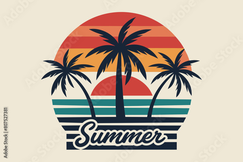 Summer day T-Shirt Design, Beach with palms tree and Summer sunset Vector illustration on white background, silhouette, bird, icon, svg, characters, Holiday t shirt, Hand drawn trendy Vector illustrat