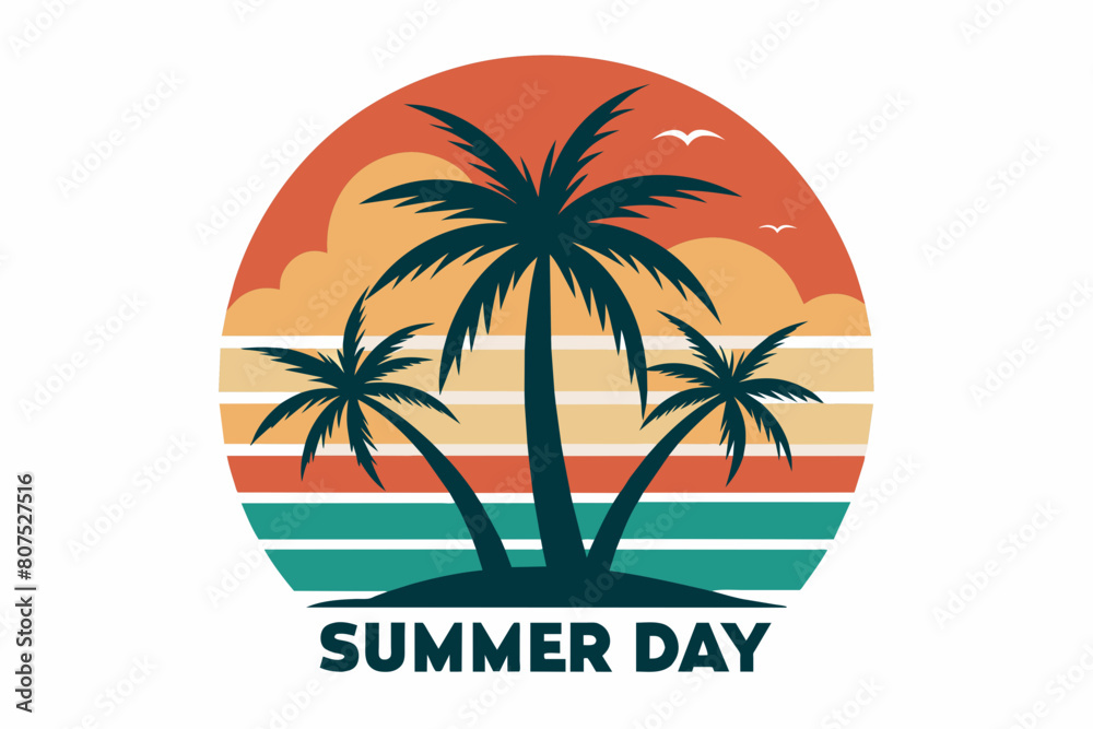 Summer day T-Shirt Design, Beach with palms tree and Summer sunset Vector illustration on white background, silhouette, bird, icon, svg, characters, Holiday t shirt, Hand drawn trendy Vector illustrat