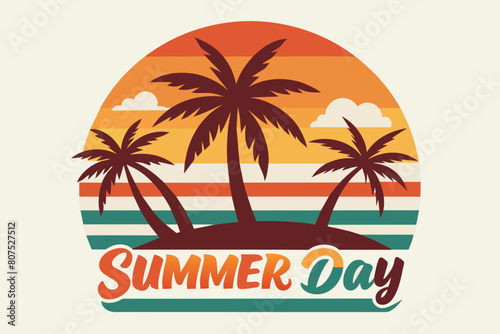 Summer day T-Shirt Design  Beach with palms tree and Summer sunset Vector illustration on white background  silhouette  bird  icon  svg  characters  Holiday t shirt  Hand drawn trendy Vector illustrat