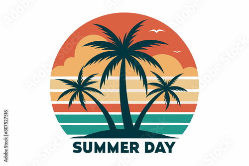 Summer day T-Shirt Design, Beach with palms tree and Summer sunset Vector illustration on white background, silhouette, bird, icon, svg, characters, Holiday t shirt, Hand drawn trendy Vector illustrat