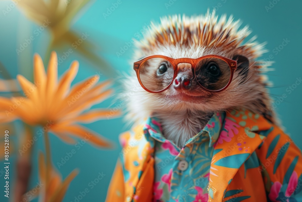 A Tenrec styled in funky fashion with a colorful jacket, casual shirt, and dark shades, against a soft pastel background, creating a cool, AI Generative