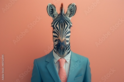 A Zebra in a tailored business suit  standing against a soft pastel background  AI Generative