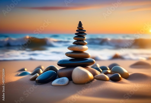 A pyramid of stones on a sandy beach with the ocean at sunset