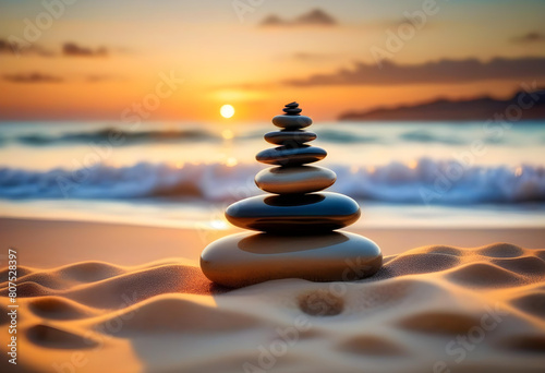 A pyramid made of stacked stones on a sandy beach with the ocean at sunset