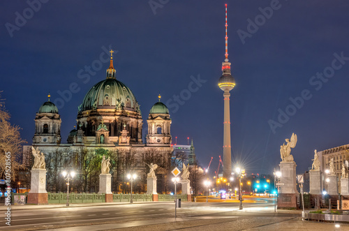 The Berlin Cathedral and the famous TV Tower at night