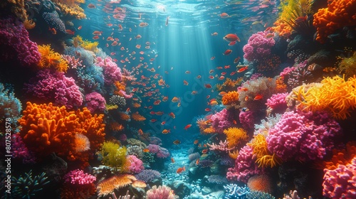 Hyperrealistisches Korallenriff, vibrierendes Meeresleben, Einblick in Unterwasserwunder, lebendige Farben, AI Generative © sorapop