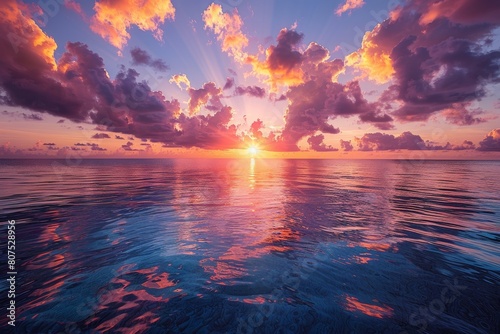 Dramatic ocean sunset with radiant sunbeams and colorful clouds reflecting on gentle waves.