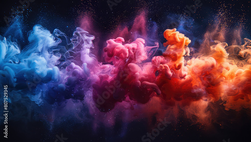  Colorful smoke cloud background. Abstract color explosion on a dark background with colorful powder, paint or ink in water. Created with Ai