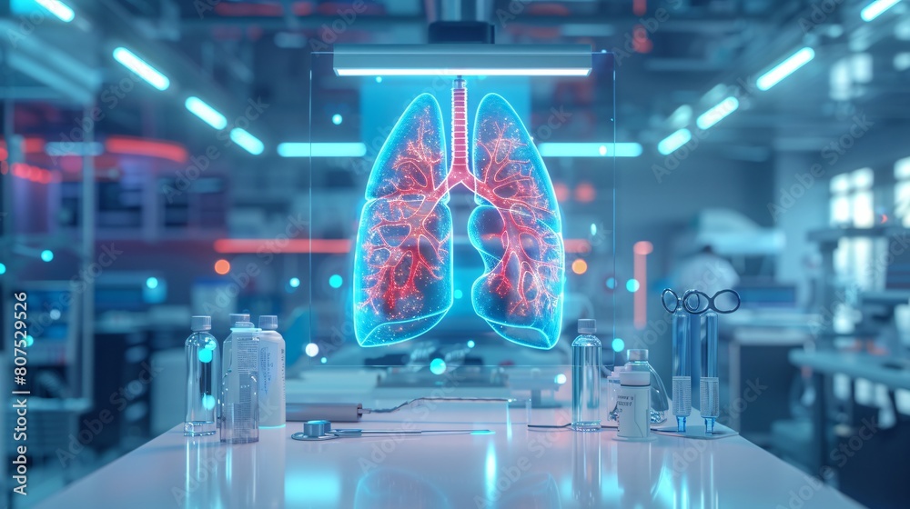 Obraz premium Illuminated Lung Hologram in Modern Medical Lab