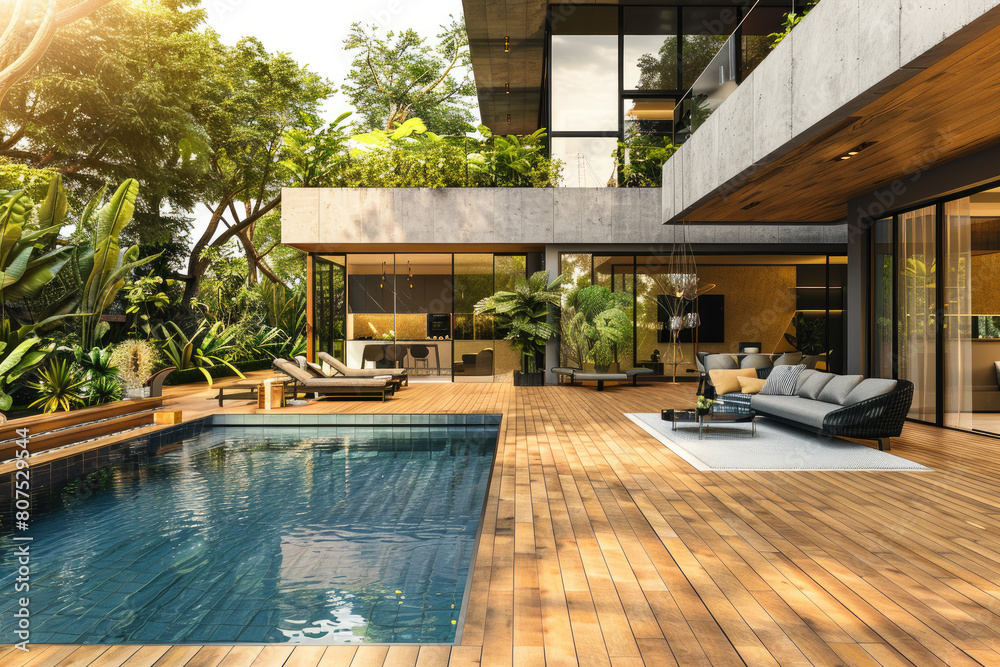 Modern wooden terrace with outdoor furniture and swimming pool in the garden of a modern house