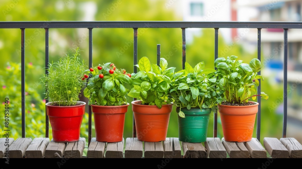An assortment of potted herbs including basil, dill, and parsley, thriving on a sunny urban balcony