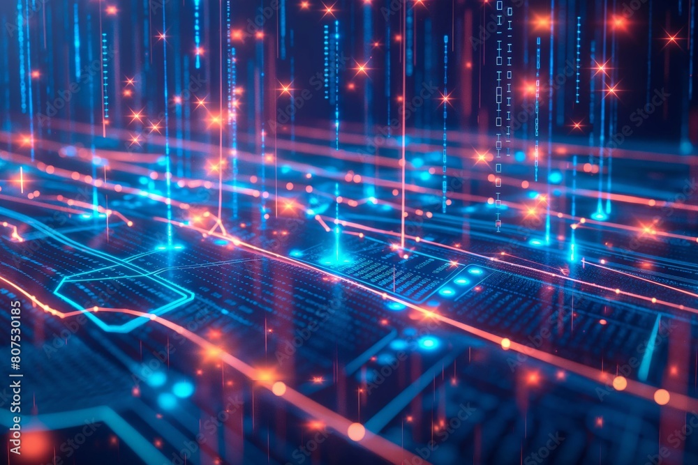 Close-up of a high-tech digital circuit board featuring vibrant neon blue and red highlights, symbolizing advanced technology Close-up of a high-tech digital circuit board featuring vibrant neon blue and red highlights, symbolizing advanced technology