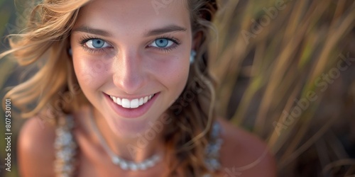 Close-up portrait of a young Caucasian woman with sparkling blue eyes and a bright smile at the beach © ALLAI