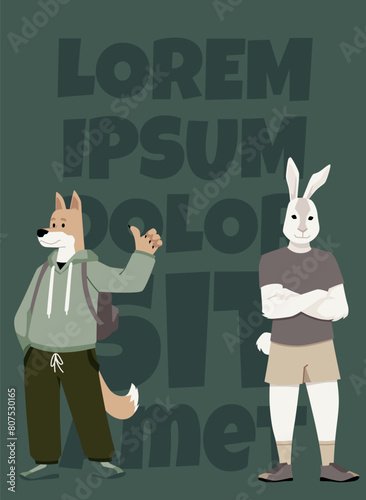 Anthropomorphic animals on vector poster, cute dressed furry dog and hare, cartoon doggy bunny in casual fashion clothes