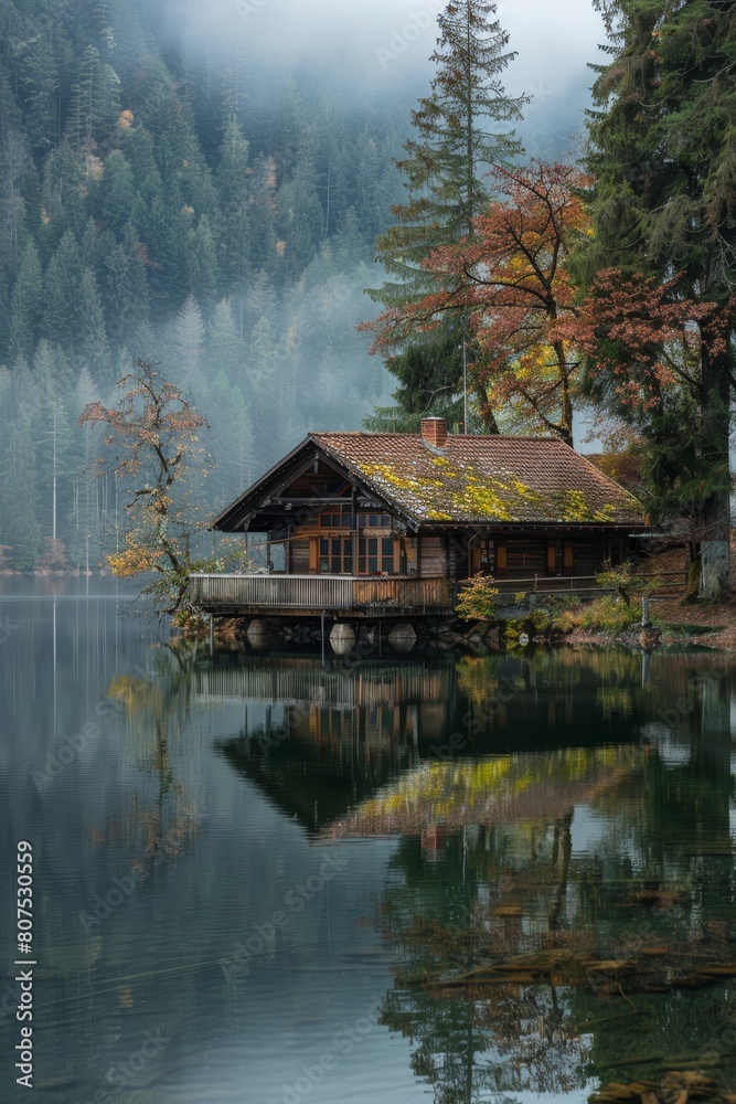 Fototapeta premium Lakeside Cabin Harmony. Concept Nature Photography