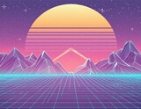 Futuristic set. Retrowave, synthwave, rave, vapor wave, cyberpunk party background.  light grid landscape. Retro, vintage 1980s, 1990s style. Black, purple, pink, blue neon colors. Print, poster