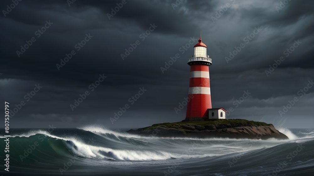 A solitary lighthouse standing tall against a stormy sky 