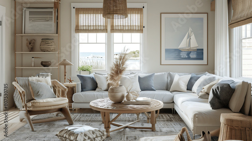 bright interior, cozy living room with a white sofa, wooden coffee table, woven chairs, shelves with decor, a sailboat painting, and windows with bamboo blinds