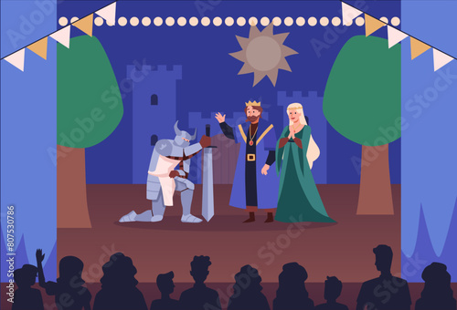 Theatre actors knight in armor with sword on his knees in front of king and queen on scene flat vector, spectators