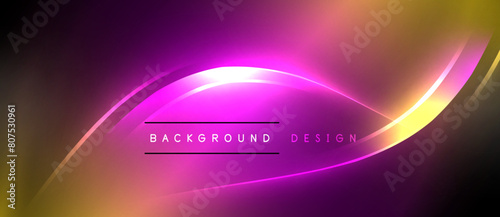 A radiant neon purple and yellow wave pulsating in an electric blue and magenta gas, creating a visually stunning visual effect against a dark background with circles of light