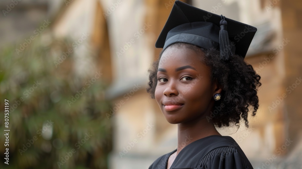 Young black woman in a gown and graduation cap standing in front of a ...
