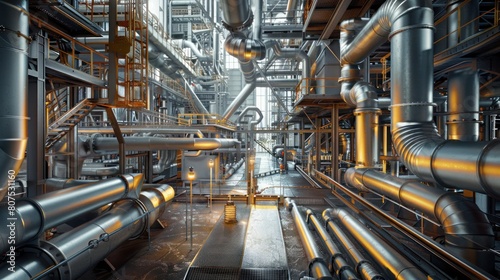 Steel pipes of industrial oil and gas plant, Industrial background. © Oulaphone