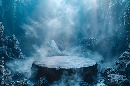 Empty stylish dark menly stone podium 3D mockup background, beauty product presentation concept. Copy space platform surrounded by rocks mountains fog fire . Cosmetics, perfume sales advertising stand