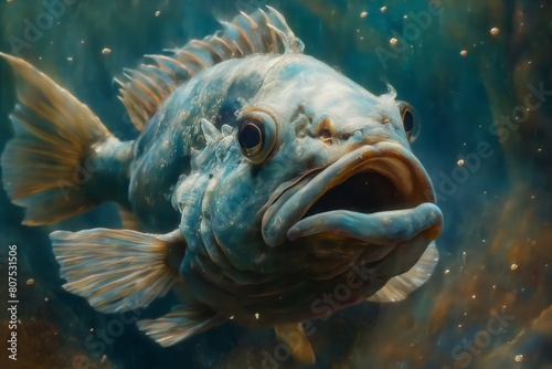 A fish is swimming in the water with its mouth open.