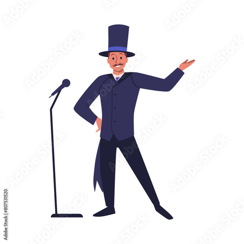 Artist man in elegant suit and cylinder hat with microphone vector, Stand-up comedy show, magic performer illusionist