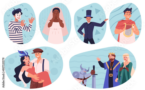 Set of actors close-up. Isolated flat illustration.