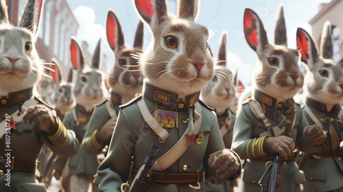 Cute Rabbit army parade scene wearing beautiful uniform and holding a weapon. photo