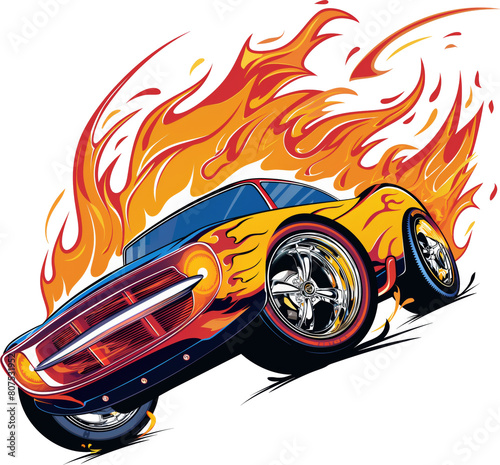 Classic muscle car engulfed in flames illustration with vibrant colors isolated.