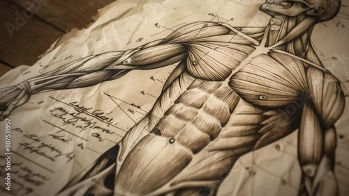 Drawing of the human body of a man on a wrinkled and textured paper, with an anatomical study of the muscles of the human body. Page from an old medical book belonging to a doctor. photo