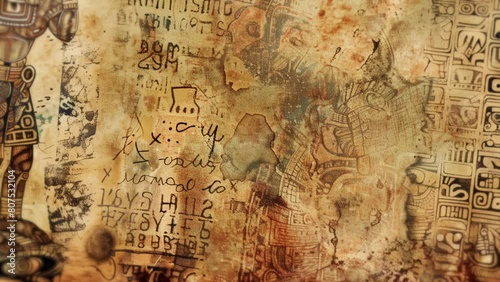 Old Maya scroll with symbols and pictograms from Aztec mythology featuring the drawing of an ancestral god or shaman for prophecy. Animation of weathered paper background with mysterious inscriptions photo