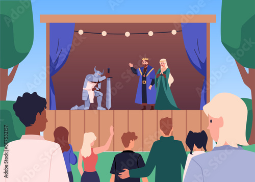 Street theater in nature in vector with actors and spectators.