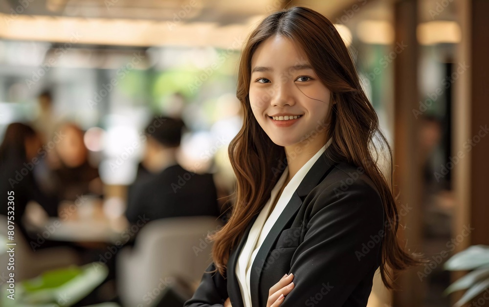 Portrait of young attractive Asian female office worker in formal business suit smiling happily Portrait of young attractive Asian female office worker in formal business suit smiling happily