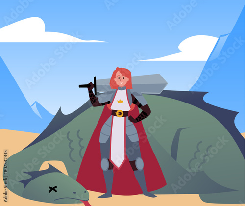 Woman warrior defeating dragon flat vector illustration.